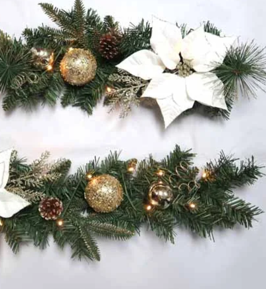 Battery Operated 180cm White Poinsettia Pre Lit Garland with 25 LEDs with Timer