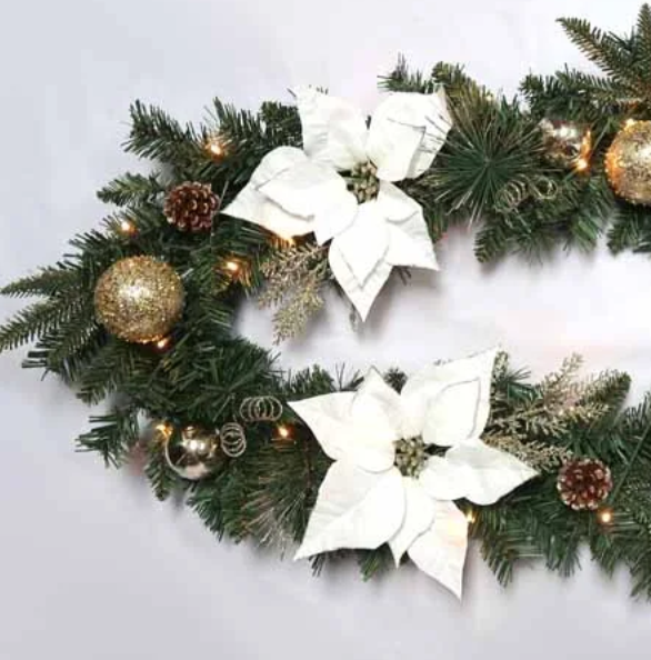 Battery Operated 180cm White Poinsettia Pre Lit Garland with 25 LEDs with Timer