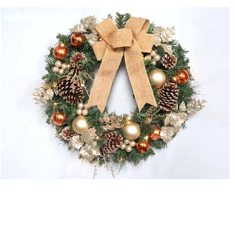 Battery Operated 60cm Pre Lit Champagne & Copper Wreath with 25 LEDs & Timer