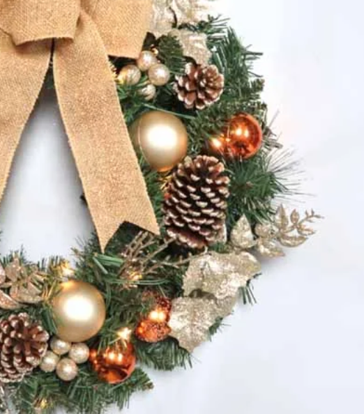 Battery Operated 60cm Pre Lit Champagne & Copper Wreath with 25 LEDs & Timer