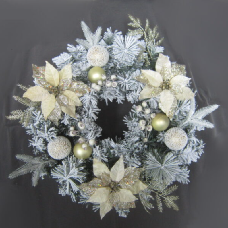 Battery Operated 60cm Pre Lit Champagne Poinsettia Wreath with Cream Berry & 25 LEDs