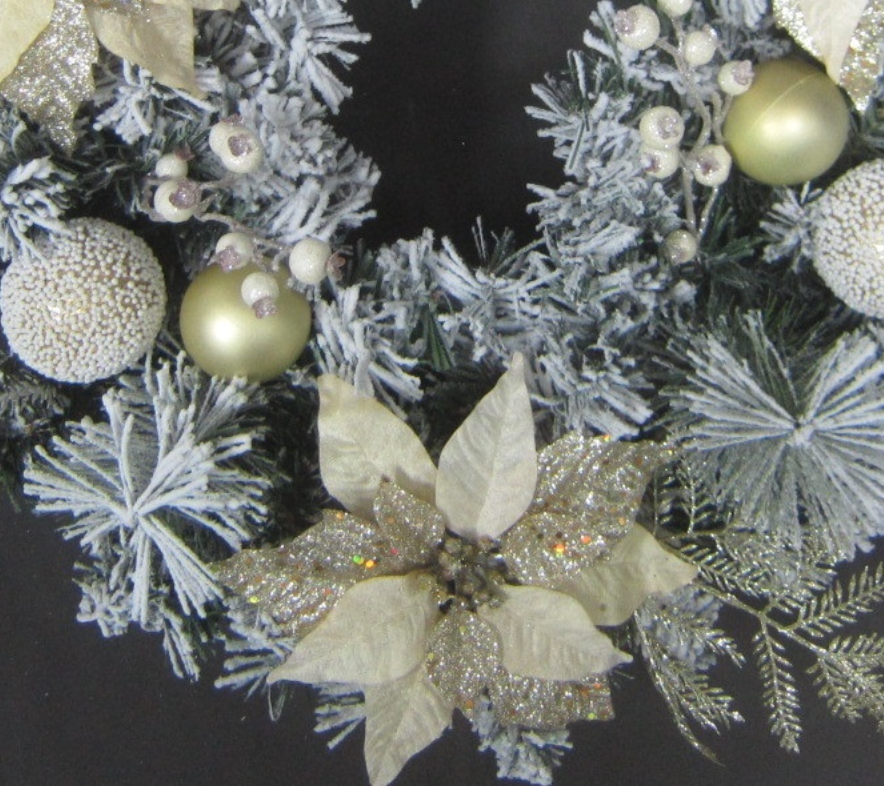 Battery Operated 60cm Pre Lit Champagne Poinsettia Wreath with Cream Berry & 25 LEDs