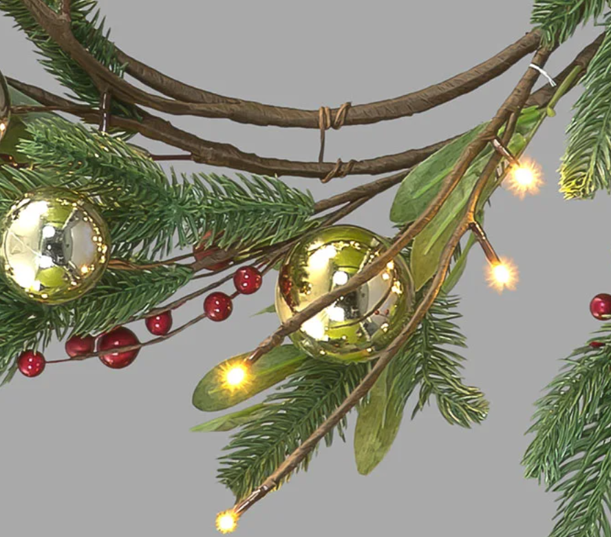 Battery Operated 60cm Mixed Leaf Pre Lit Wreath Red Berries