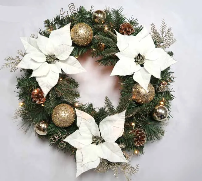 Battery Operated 60cm Pre Lit White Poinsettia Wreath with 25 LEDs & Timer