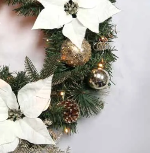Battery Operated 60cm Pre Lit White Poinsettia Wreath with 25 LEDs & Timer