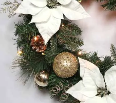 Battery Operated 60cm Pre Lit White Poinsettia Wreath with 25 LEDs & Timer