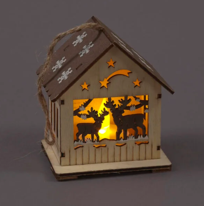 Battery Operated 10cm Wooden Hanging House with Deer Warm White LED