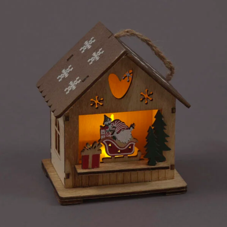 Battery Operated 10cm Wooden Hanging House with Santa Gonk & Warm White LED