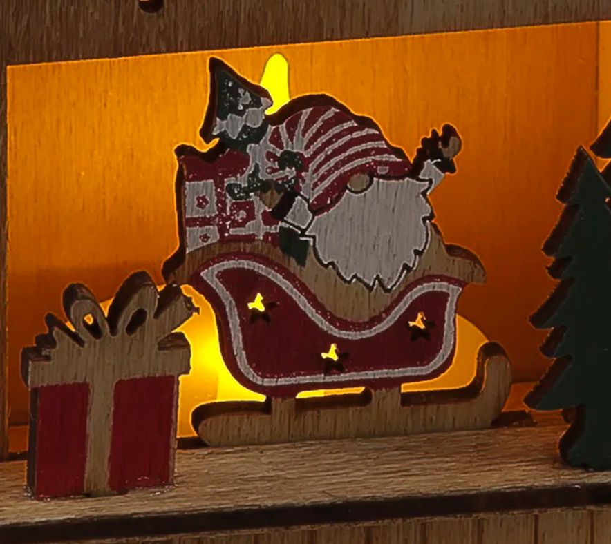 Battery Operated 10cm Wooden Hanging House with Santa Gonk & Warm White LED