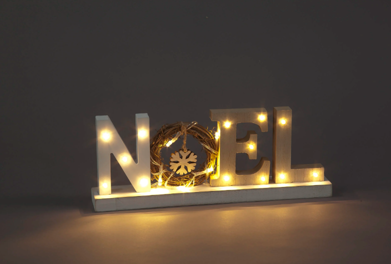 Battery Operated 12cm Wooden Noel Sign with Snowflake & 18 Warm White LEDs