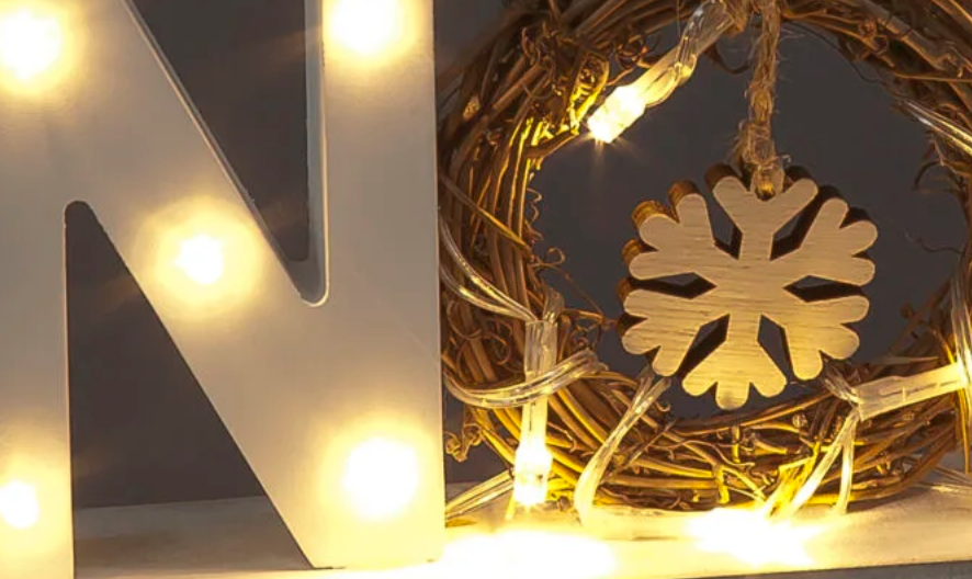 Battery Operated 12cm Wooden Noel Sign with Snowflake & 18 Warm White LEDs