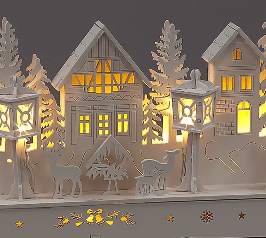 Battery Operated 15cm White Wooden House Scene with 15 Warm White LEDs