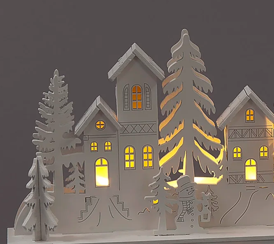 Battery Operated 15cm White Wooden House Scene with 15 Warm White LEDs