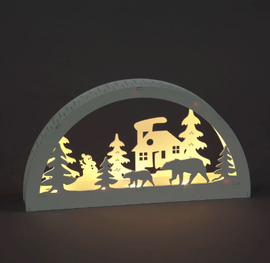 Battery Operated 16cm White Wooden Winter Scene Arch with 10 Warm White LEDs