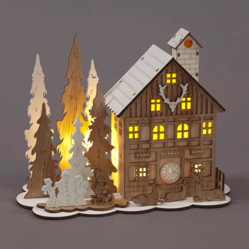 Battery Operated 16cm Wooden House with Trees, Deer & Children