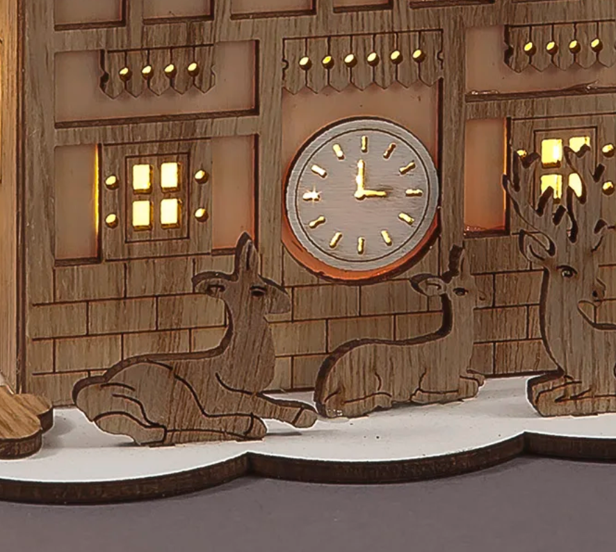 Battery Operated 16cm Wooden House with Trees, Deer & Children