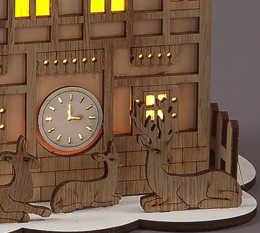 Battery Operated 16cm Wooden House with Trees, Deer & Children