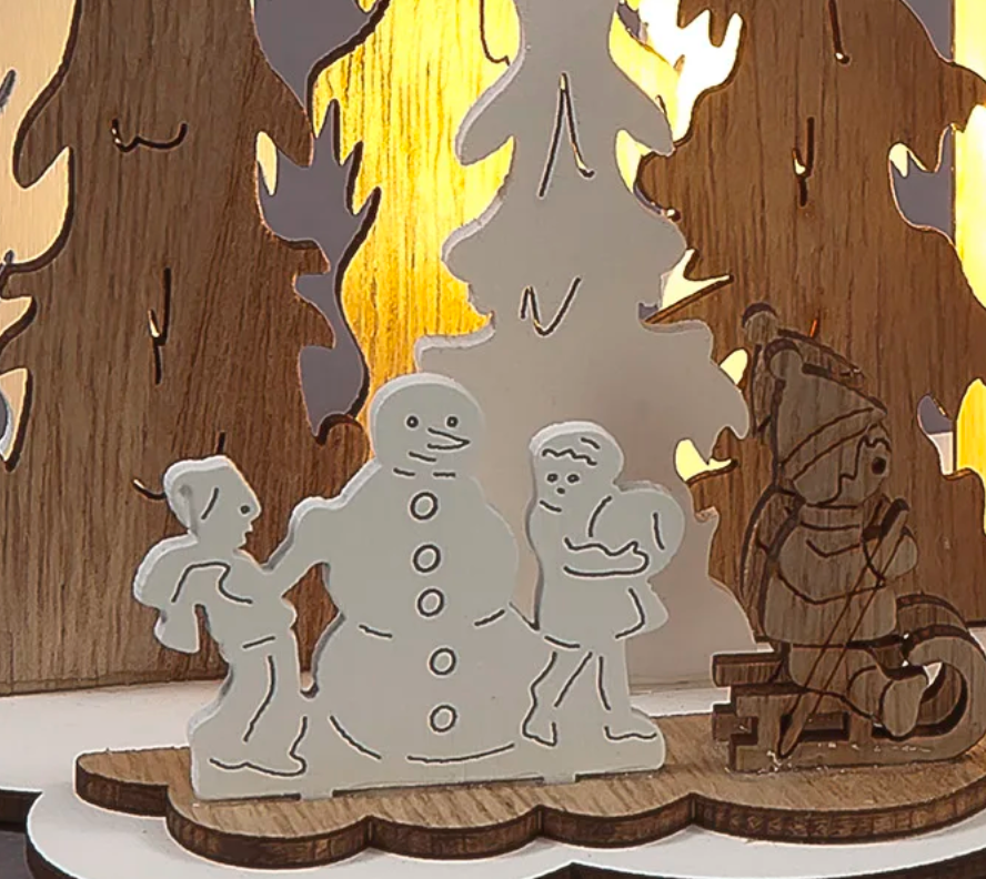 Battery Operated 16cm Wooden House with Trees, Deer & Children