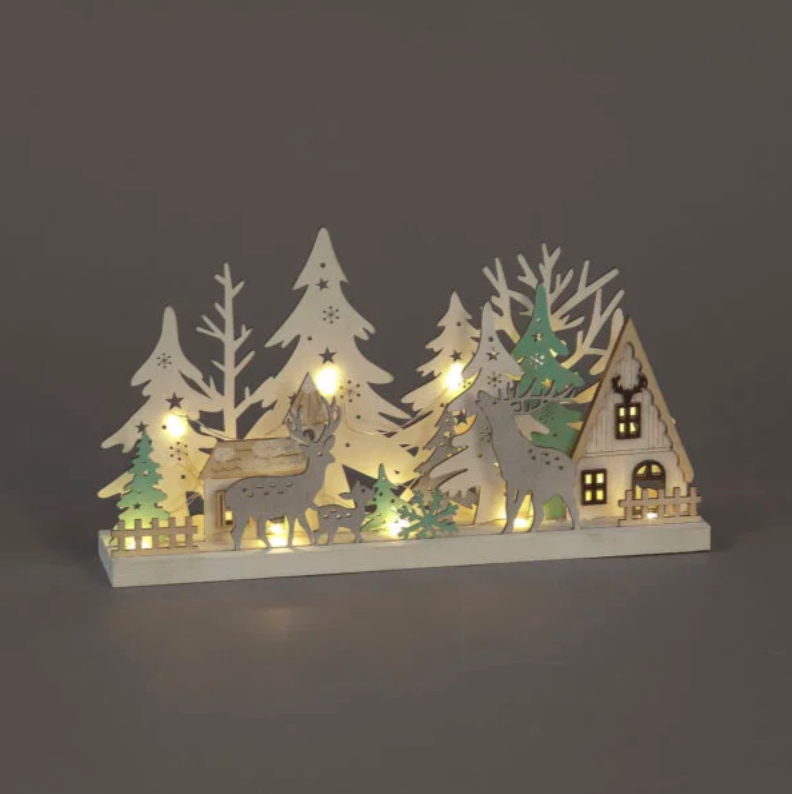 Battery Operated 17cm Wooden Village with House, Trees & Deer Plus 16 Warm White LEDs