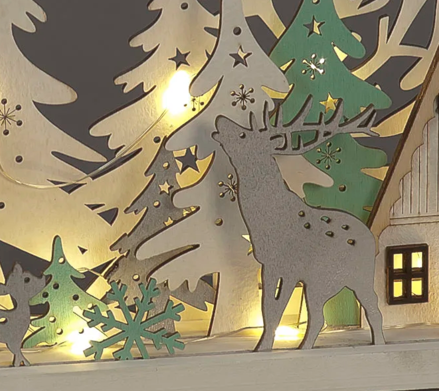 Battery Operated 17cm Wooden Village with House, Trees & Deer Plus 16 Warm White LEDs