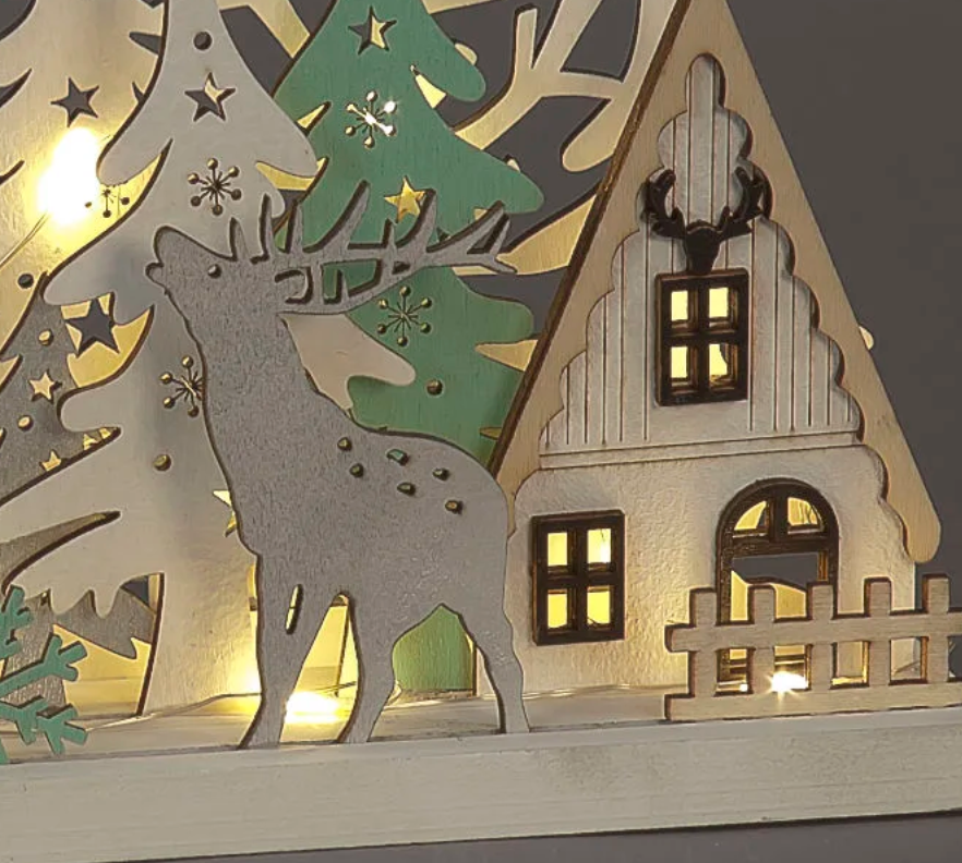 Battery Operated 17cm Wooden Village with House, Trees & Deer Plus 16 Warm White LEDs