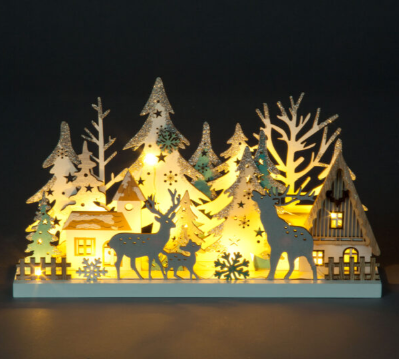 Battery Operated 18cm Table Top with Trees House & Family Stags plus 10 Warm White LEDs