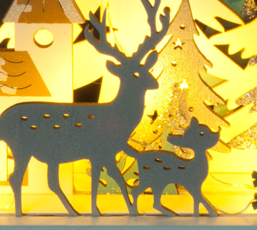 Battery Operated 18cm Table Top with Trees House & Family Stags plus 10 Warm White LEDs