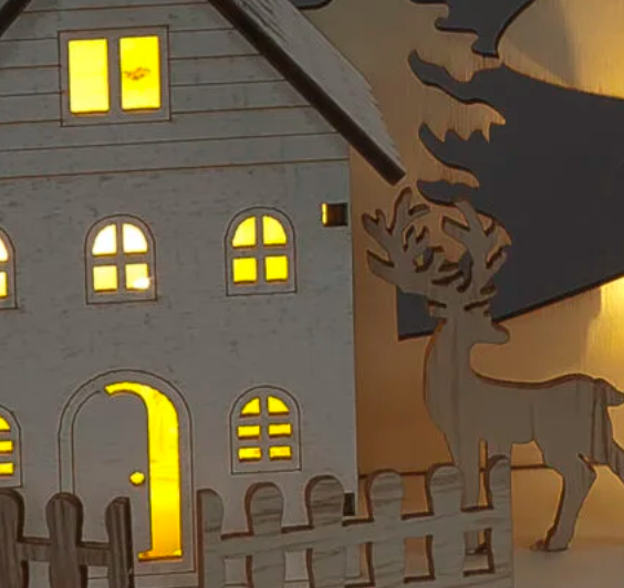 Battery Operated 19cm Wooden Village Scene with Deer & Trees