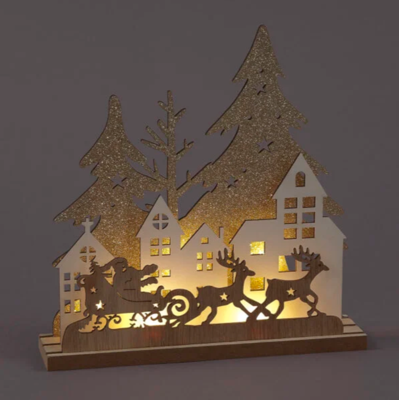 Battery Operated 20cm Wooden Village with Santa & Sleigh