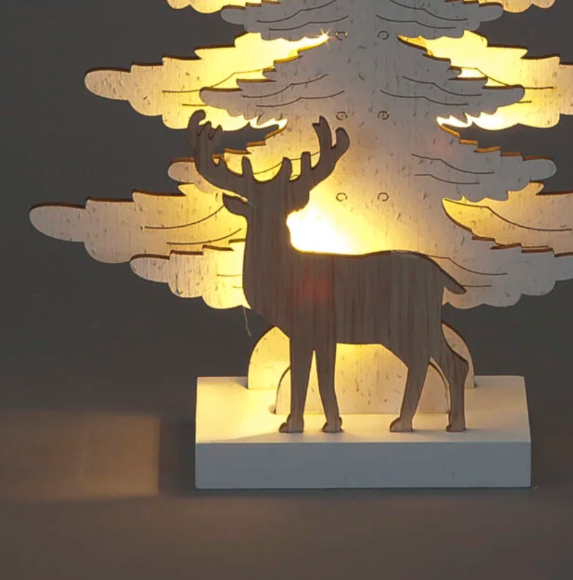 Battery Operated 25cm White Wood Xmas Trees with Natural Wood Deer & 5 Warm White LEDs
