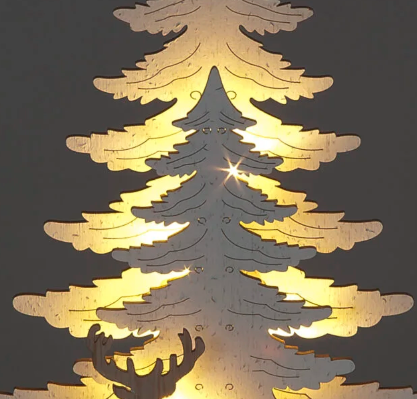 Battery Operated 25cm White Wood Xmas Trees with Natural Wood Deer & 5 Warm White LEDs
