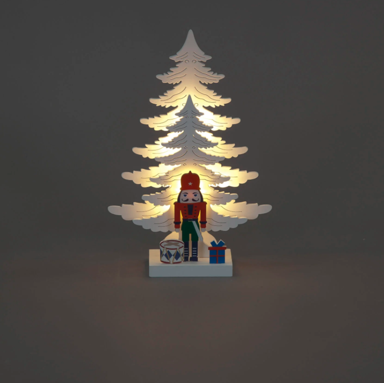 Battery Operated 25cm White Wood Xmas Trees with Nutcracker Soldier & 5 Warm White LEDs