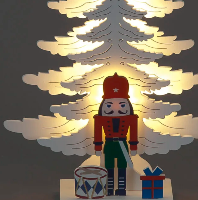 Battery Operated 25cm White Wood Xmas Trees with Nutcracker Soldier & 5 Warm White LEDs