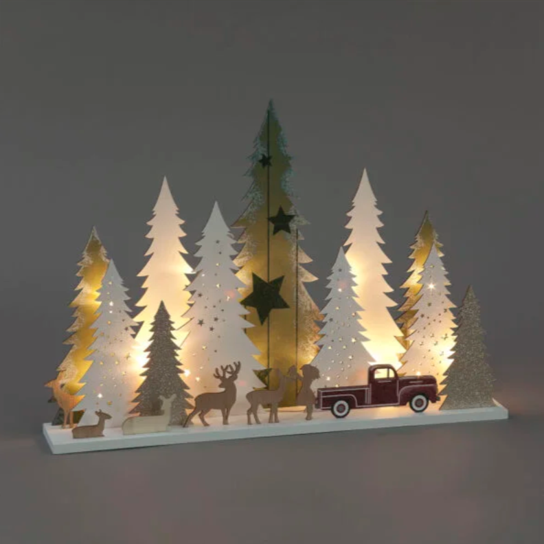 31cm Battery Operated Wooden Scene with Trees & Deer & 5 Warm White LEDs