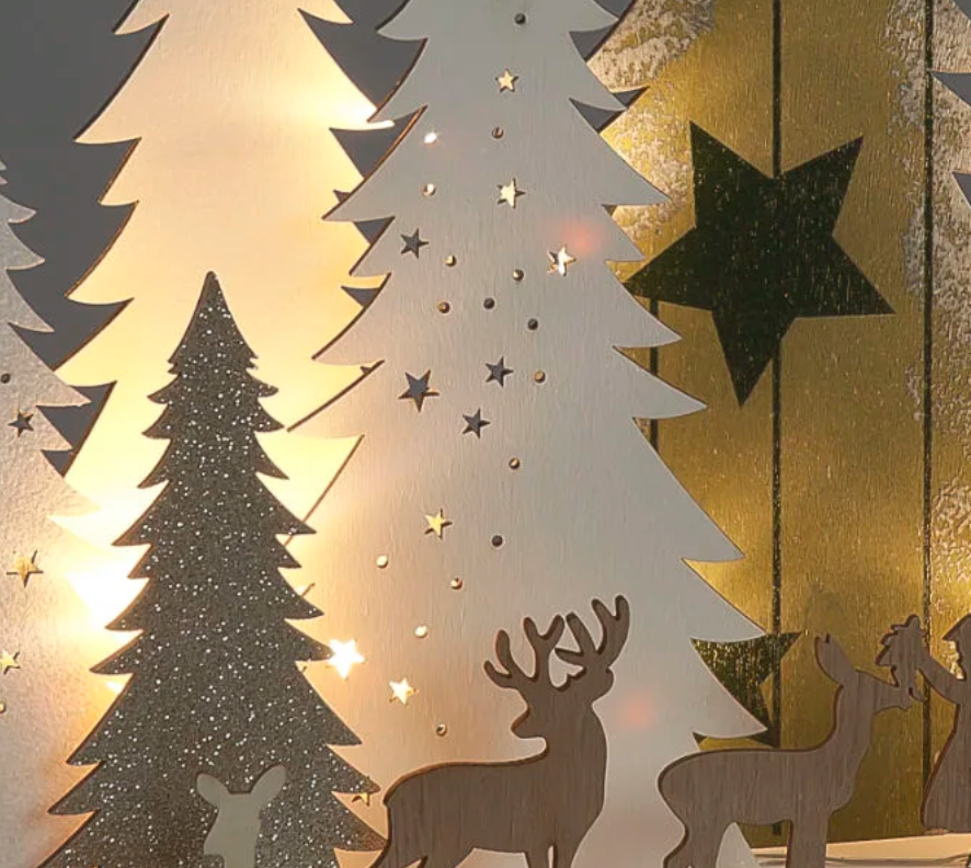 31cm Battery Operated Wooden Scene with Trees & Deer & 5 Warm White LEDs