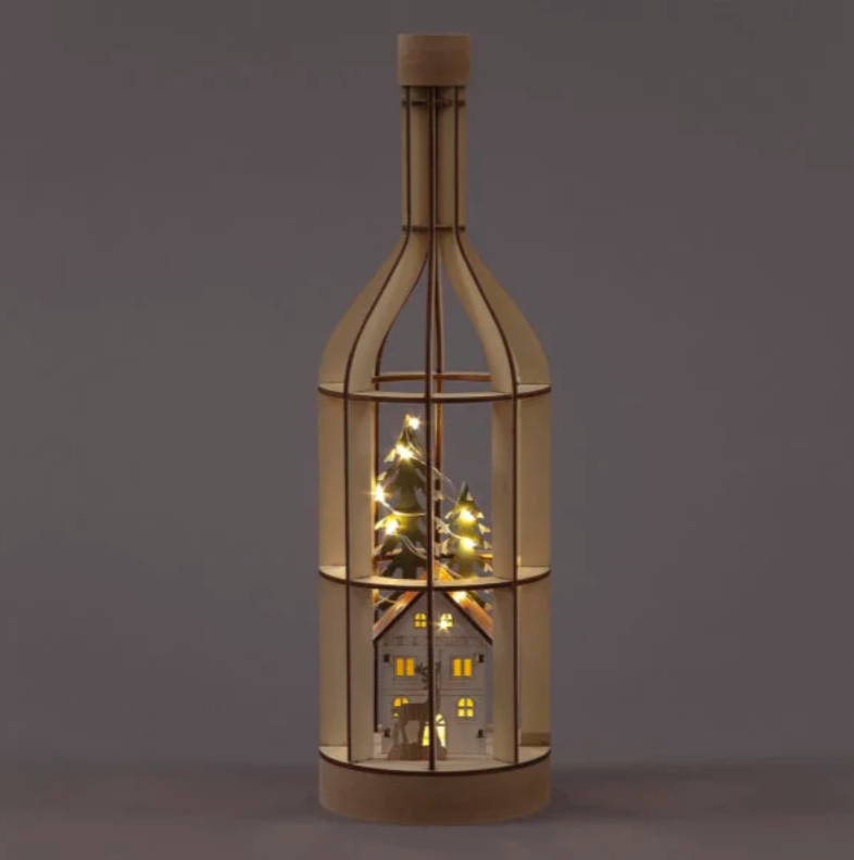 Battery Operated 32cm Wooden Bottle with inner House & 10 Warm White LEDs