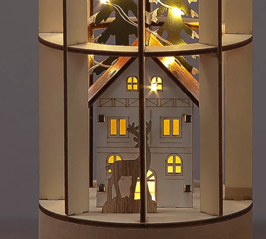 Battery Operated 32cm Wooden Bottle with inner House & 10 Warm White LEDs