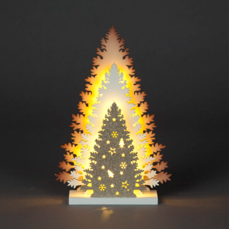 Battery Operated 33cm 3-Layer Wooden Tree with Glitter & 13 Warm White LEDs