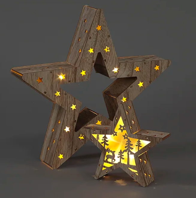 2 Piece Battery Operated 33cm + 17cm Wooden Stars