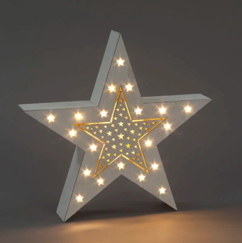 Battery Operated 34cm Wooden White Washed Star with 25 Warm White LEDs