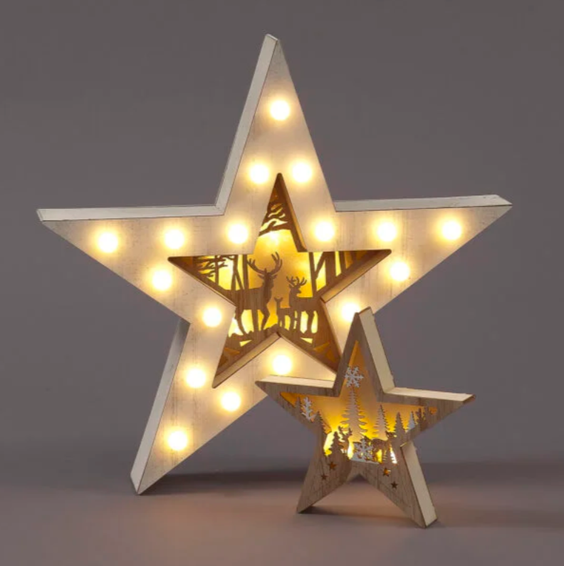 2 Piece Batter Operated 35cm Wooden 2 in 1 Star Set with 29 LEDs