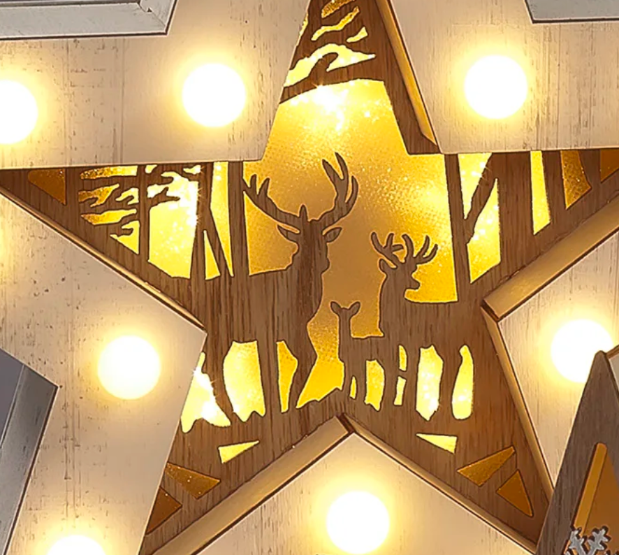 2 Piece Batter Operated 35cm Wooden 2 in 1 Star Set with 29 LEDs