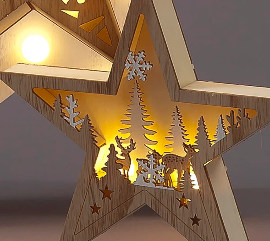 2 Piece Batter Operated 35cm Wooden 2 in 1 Star Set with 29 LEDs