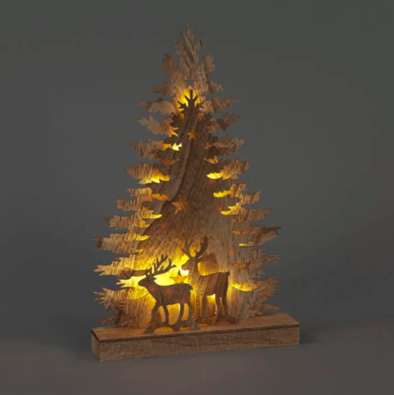 44cm Wooden Tree with Deer & 16 Warm White Battery Operated LEDs