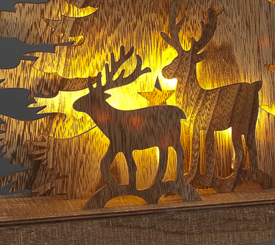 44cm Wooden Tree with Deer & 16 Warm White Battery Operated LEDs