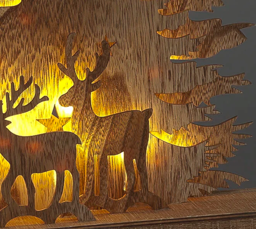 44cm Wooden Tree with Deer & 16 Warm White Battery Operated LEDs