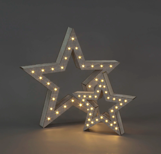 Battery Operated Set of 2 48cm & 29cm Grey Wood Stars with 60 Warm White LEDs Combined
