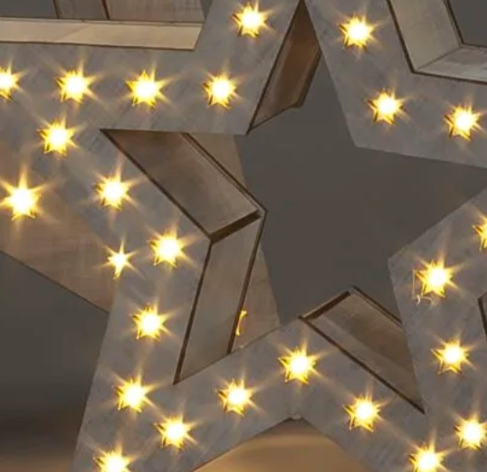 Battery Operated Set of 2 48cm & 29cm Grey Wood Stars with 60 Warm White LEDs Combined
