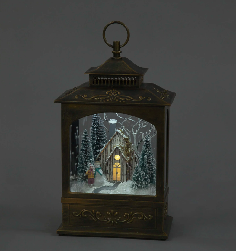 43cm Snowing Lantern Black Brushed Gold with Winter Scene