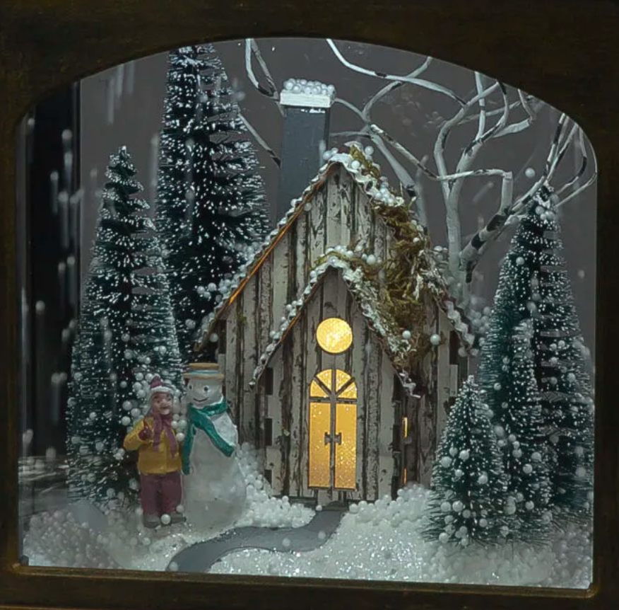 43cm Snowing Lantern Black Brushed Gold with Winter Scene